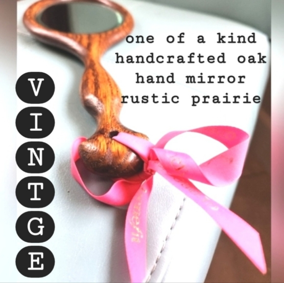 Prairie BEVELED Rich Brown Tiger Wood Oval Handle OOAK Carved Flower Hand Mirror - Picture 2 of 16